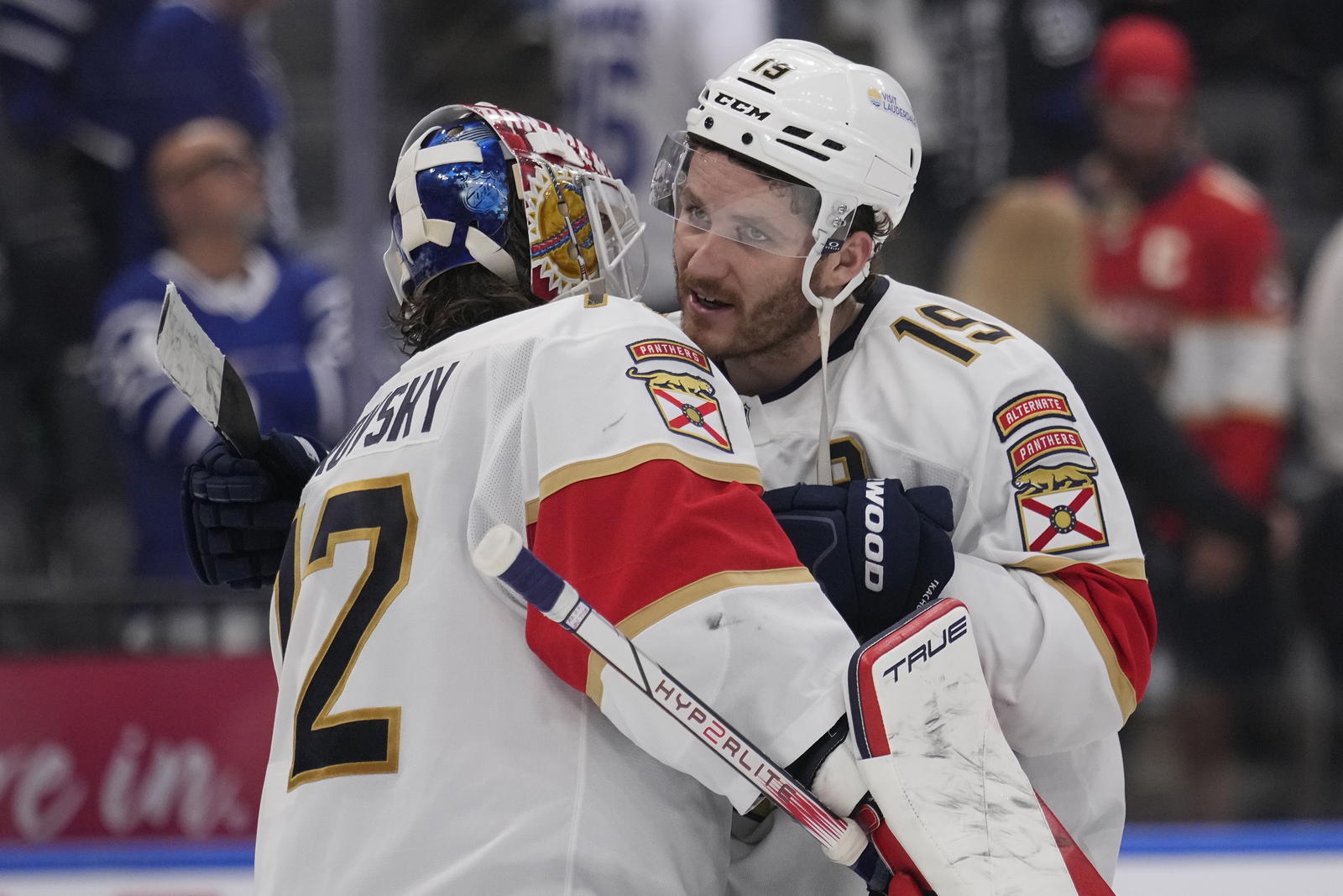May 18, 2025; Toronto, Ontario, CAN; Florida Panthers forward Matthew Tkachuk (19) and goaltender Sergei Bobrovsky (72) celebrate winning game seven of the second round of the 2025 Stanley Cup Playoffs over the Toronto Maple Leafs at Scotiabank Arena. (Credit: John E. Sokolowski-Imagn Images)