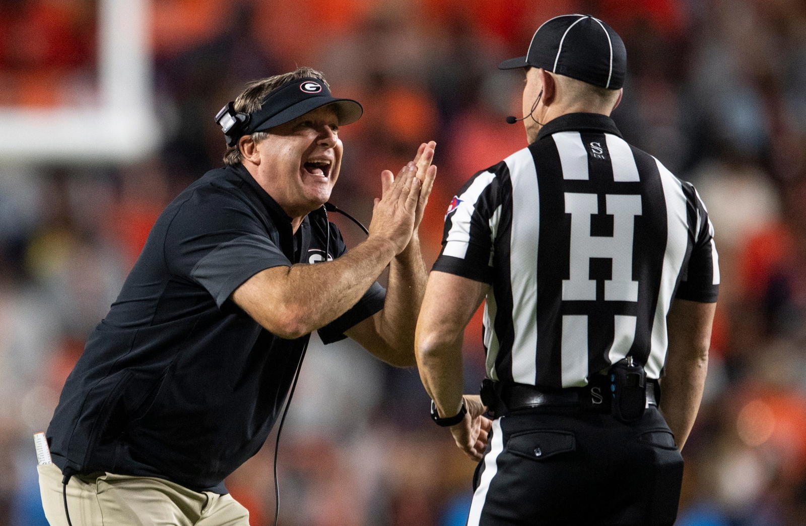 Georgia Bulldogs head coach Kirby Smart complains about a inadvertent time out call as Auburn Tigers take on Georgia Bulldogs at Jordan-Hare Stadium in Auburn, Ala. on Saturday, Oct. 11, 2025. Georgia Bulldogs defeated Auburn Tigers 20-10.<br>Jake Crandall/ Advertiser / USA TODAY NETWORK via Imagn Images