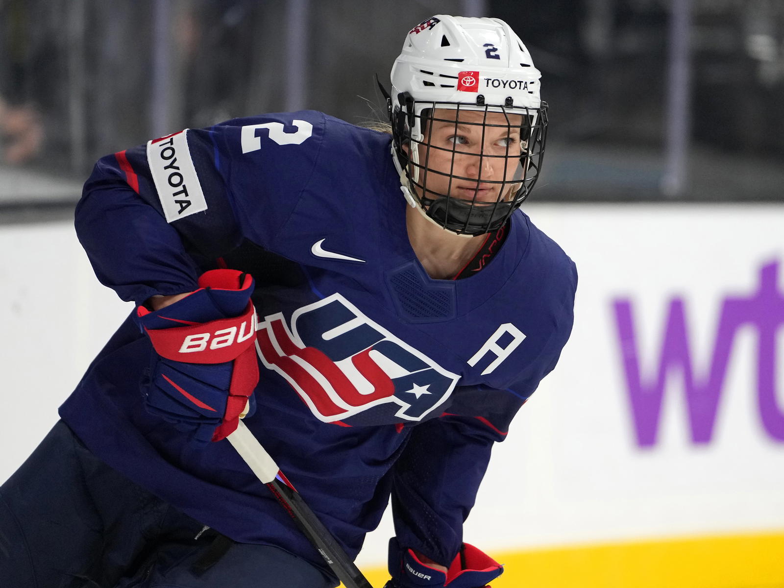 Lee Stecklein playing for the USA in the Rivalry Series in 2022. © Stephen R. Sylvanie-Imagn Images