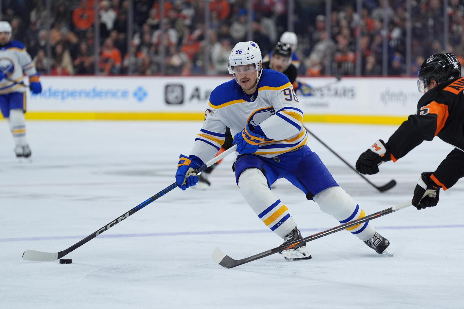 Nov 16, 2024; Philadelphia, Pennsylvania, USA; Buffalo Sabres right wing Nicolas Aube-Kubel (96) controls the puck against the Philadelphia Flyers in the second period at Wells Fargo Center. Mandatory Credit: Kyle Ross-Imagn Images.