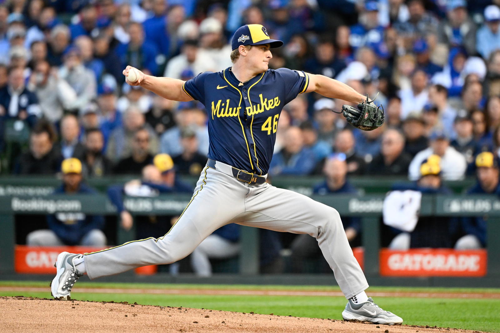 Oct 8, 2025; Chicago, Illinois, USA; Milwaukee Brewers pitcher Quinn Priester (46) throws a pitch against the Chicago Cubs in the first inning during game three of the NLDS round for the 2025 MLB playoffs at Wrigley Field. (Matt Marton/Imagn Images)