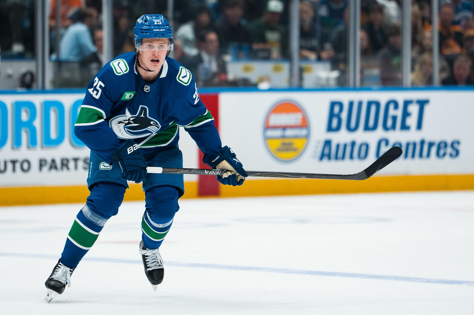 Oct 13, 2025; Vancouver, British Columbia, CAN; Vancouver Canucks defenseman Elias Pettersson (25) skates against the St. Louis Blues in the second period at Rogers Arena. Mandatory Credit: Bob Frid-Imagn Images
