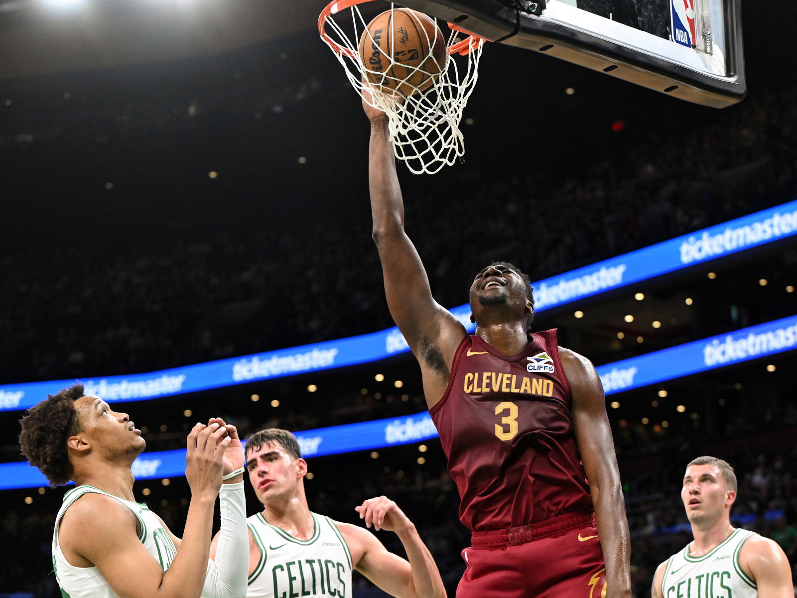 Oct 12, 2025; Boston, Massachusetts, USA; Cleveland Cavaliers center/forward Thomas Bryant (3) scores a basket against the Cleveland Cavaliers during the second half at TD Garden. Mandatory Credit: Brian Fluharty-Imagn Images