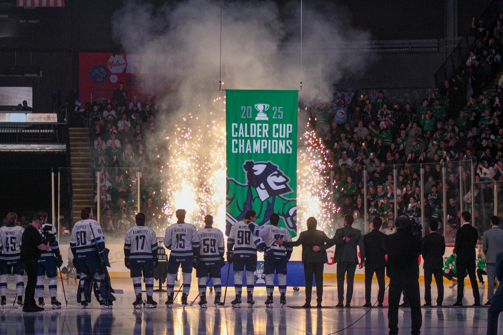 Abbotsford Canucks 2025 Calder Cup banner (Photo Credit: Kaja Antic/The Hockey News)