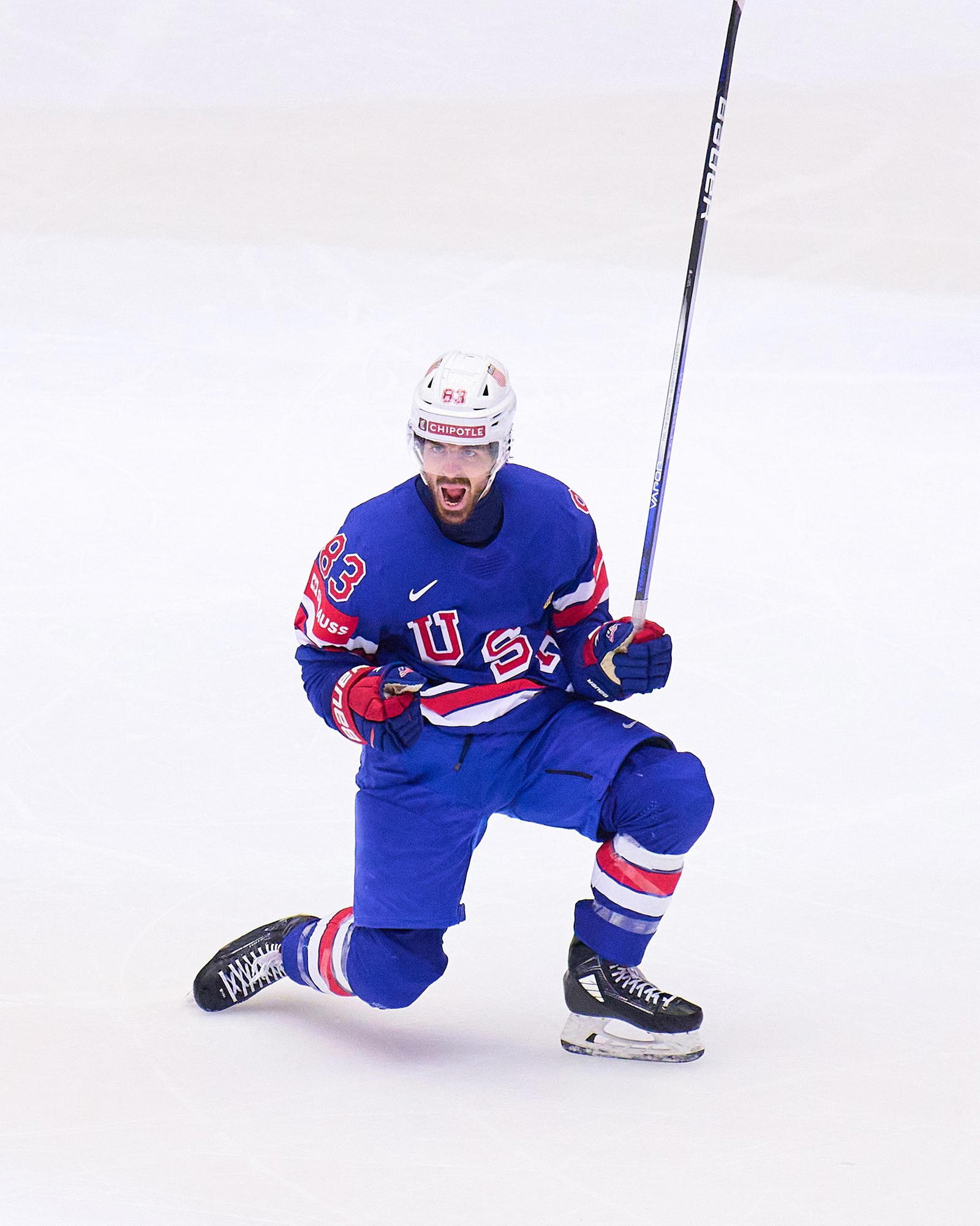 Team USA forward Conor Garland (83) celebrates on the ice. (Photo by @canucks/X)&nbsp;