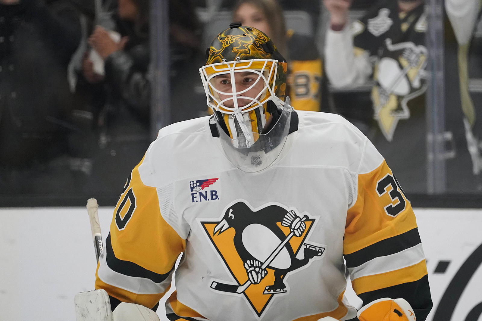 Jan 27, 2025; San Jose, California, USA; Pittsburgh Penguins goalie Joel Blomqvist (30) warms up before the game against the San Jose Sharks at SAP Center at San Jose. Mandatory Credit: David Gonzales-Imagn Images