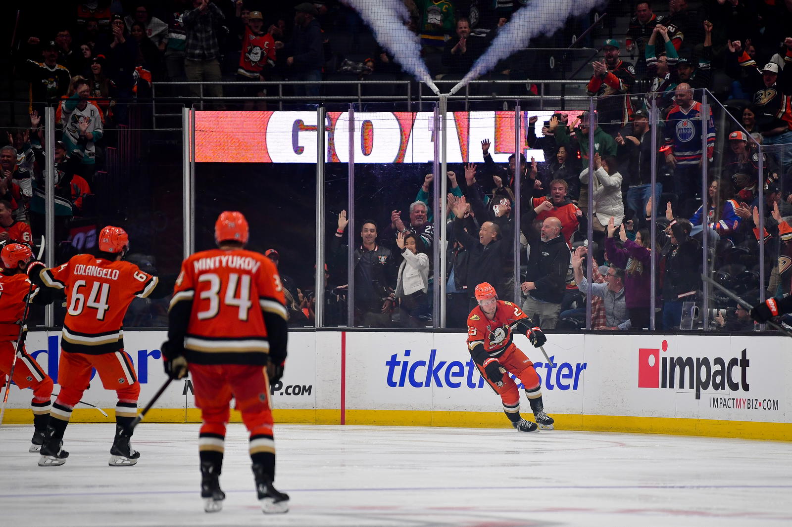 Apr 7, 2025; Anaheim, California, USA; Anaheim Ducks center Mason McTavish (23) celebrates his goal scored against the Edmonton Oilers during the third period at Honda Center. Mandatory Credit: Gary A. Vasquez-Imagn Images