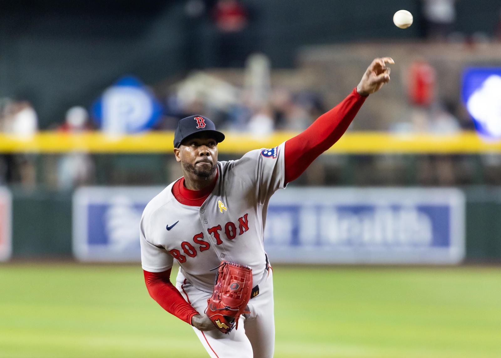 Boston Red Sox pitcher Aroldis Chapman in the ninth inning against the Arizona Diamondbacks at Chase Field. Mark J. Rebilas-Imagn Images