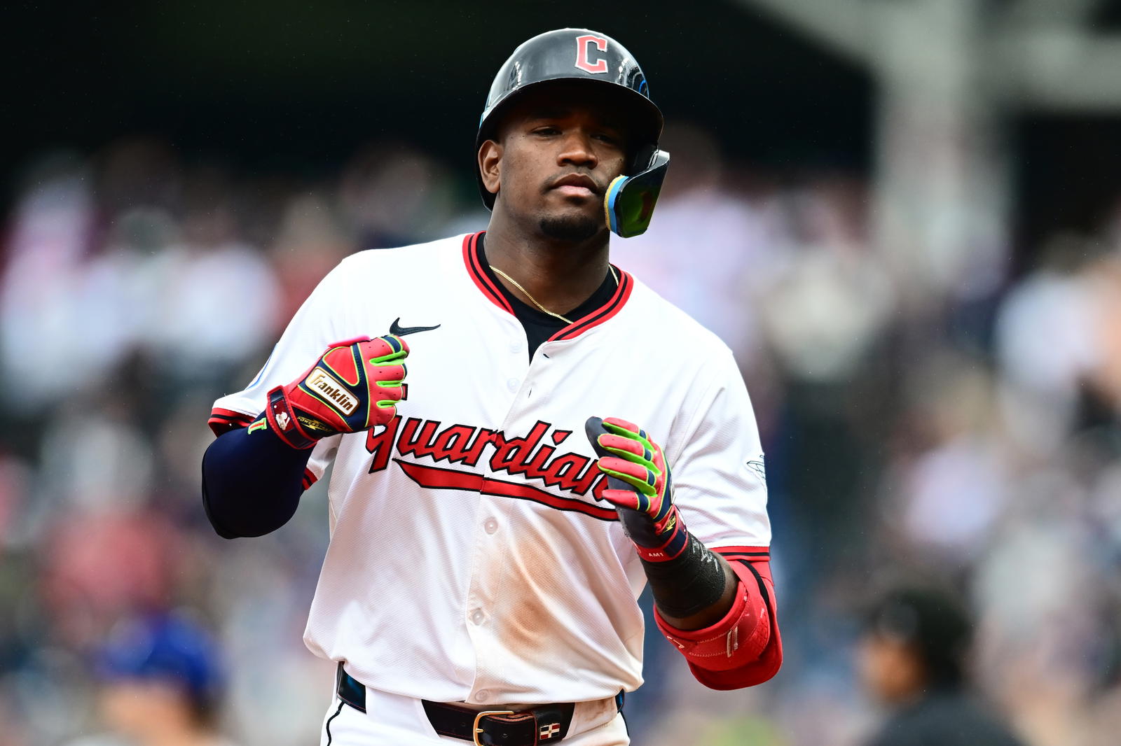 May 28, 2025; Cleveland, Ohio, USA; Cleveland Guardians center fielder Angel Martinez (1) rounds the bases after hitting a home run during the eighth inning against the Los Angeles Dodgers at Progressive Field. Mandatory Credit: Ken Blaze-Imagn Images