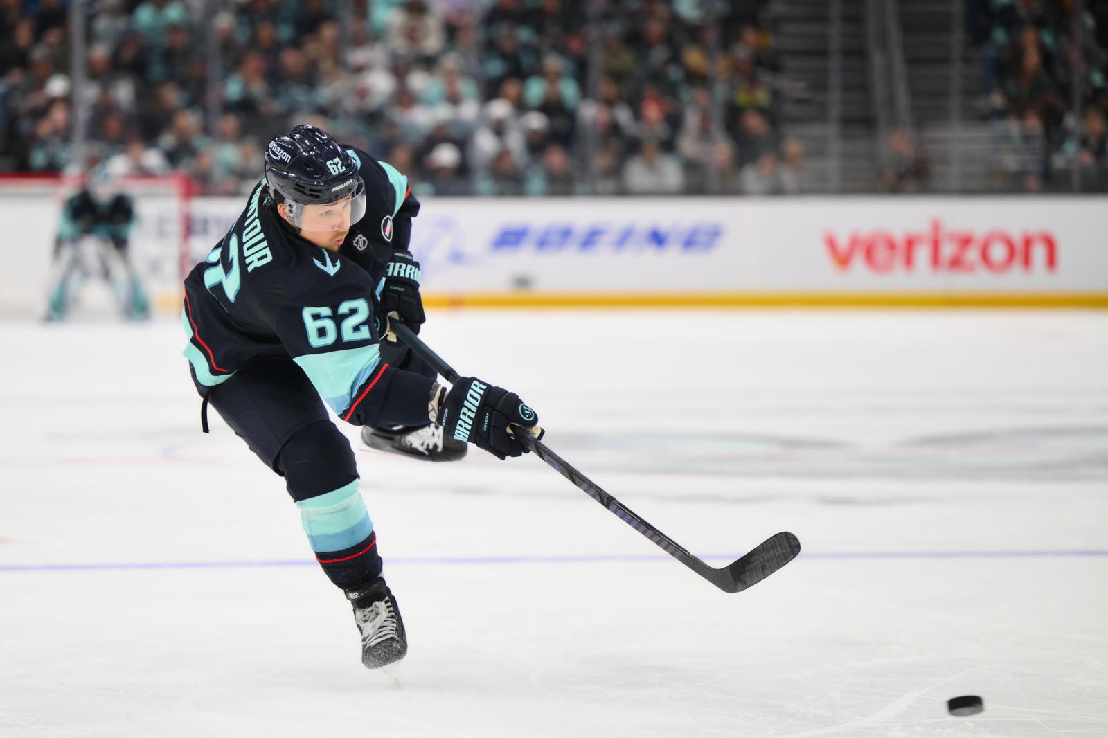 Seattle Kraken defenseman Brandon Montour (62) shoots the puck during the third period against the Minnesota Wild at Climate Pledge Arena. Mandatory Credit: Steven Bisig-Imagn Images