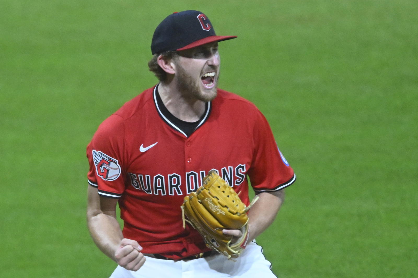 Cleveland Guardians starting pitcher Tanner Bibee (28) celebrates at the end of the sixth inning against the Detroit Tigers at Progressive Field. David Richard-Imagn Images