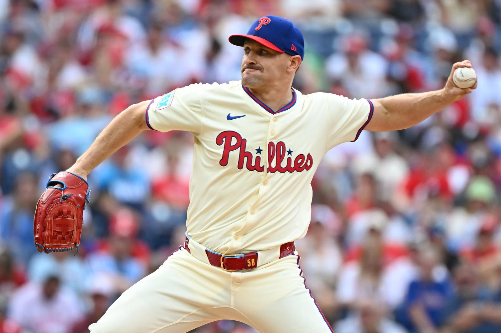 Aug 24, 2025; Philadelphia, Pennsylvania, USA; Philadelphia Phillies pitcher Tanner Banks (58) throws a pitch during the eighth inning against the Washington Nationals at Citizens Bank Park. Mandatory Credit: Eric Hartline-Imagn Images
