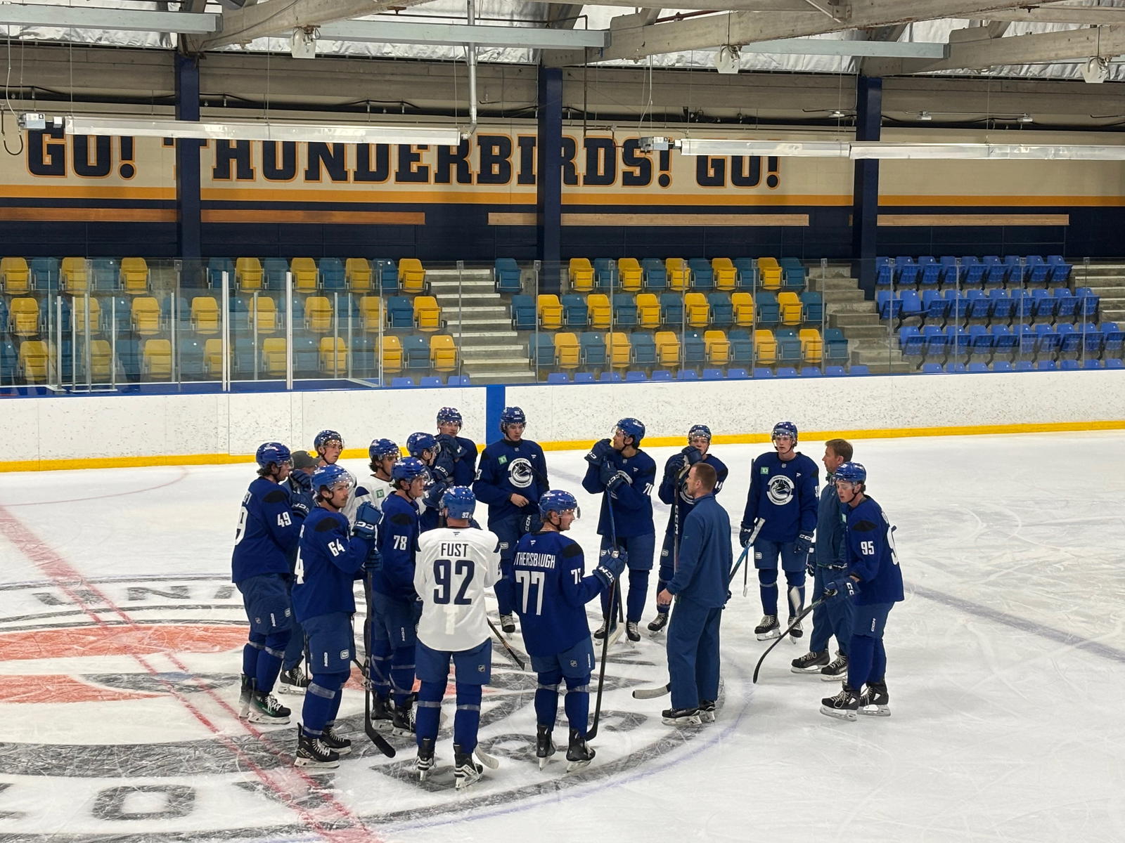 Vancouver Canucks prospects and camp invitees gather on the ice for Day 2 of Canucks Prospect Camp.&nbsp;