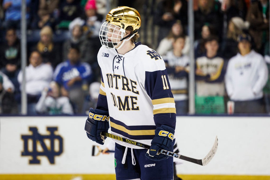 Notre Dame forward Danny Nelson (11) during the Penn State-Notre Dame NCAA hockey game on Friday, January 19, 2024, at Compton Family Ice Arena in South Bend, Indiana. © John Mersits / USA TODAY NETWORK