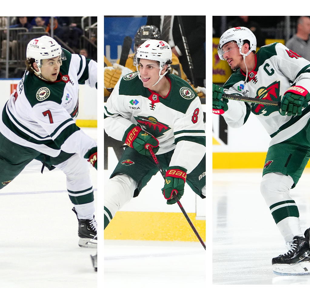 Apr 2, 2025; New York, New York, USA; Minnesota Wild defenseman Brock Faber (7) shoots in the first period against the New York Rangers at Madison Square Garden. Mandatory Credit: Wendell Cruz-Imagn Images/Apr 20, 2025; Las Vegas, Nevada, USA; Minnesota Wild defenseman Zeev Buium (8) skates against the Vegas Golden Knights during the first period of game one of the first round of the 2025 Stanley Cup Playoffs at T-Mobile Arena. Mandatory Credit: Stephen R. Sylvanie-Imagn Images/Apr 29, 2025; Las Vegas, Nevada, USA; Minnesota Wild defenseman Jared Spurgeon (46) warms up before the start of game five of the first round of the 2025 Stanley Cup Playoffs against the Vegas Golden Knights at T-Mobile Arena. Mandatory Credit: Stephen R. Sylvanie-Imagn Images.