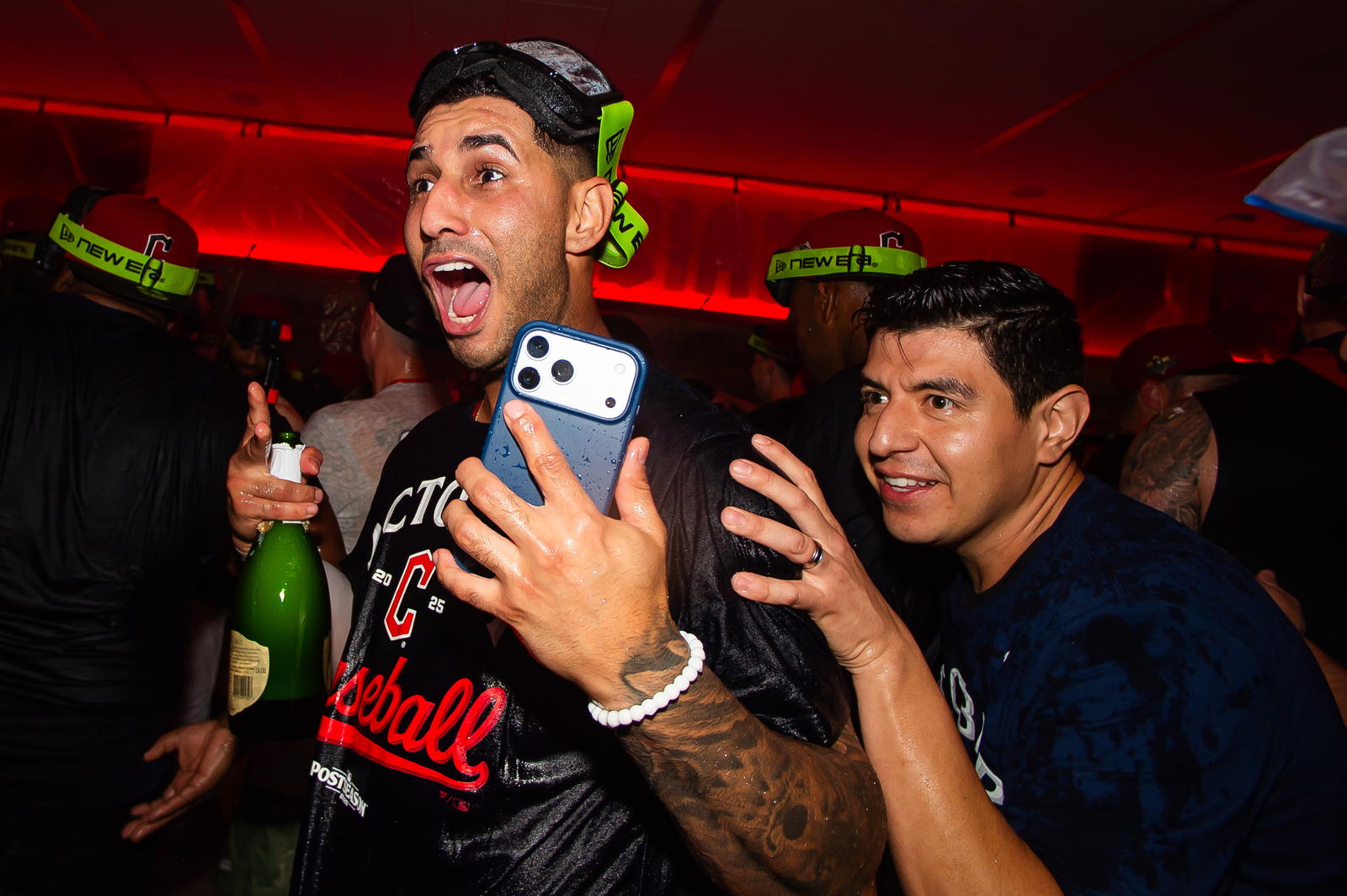 Sep 27, 2025; Cleveland, Ohio, USA; Cleveland Guardians shortstop Brayan Rocchio (4) celebrates after the Guardians beat the Texas Rangers and clinched a playoff berth at Progressive Field. Mandatory Credit: Ken Blaze-Imagn Images