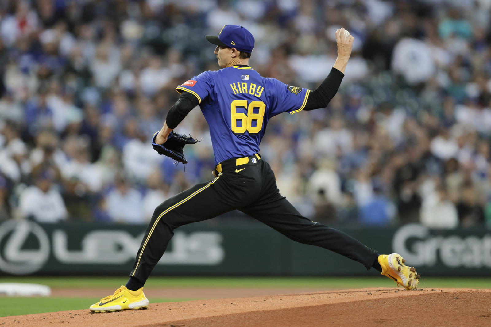 Seattle Mariners pitcher George Kirby (68) throws against the Los Angeles Dodgers during the first inning at T-Mobile Park. John Froschauer-Imagn Images