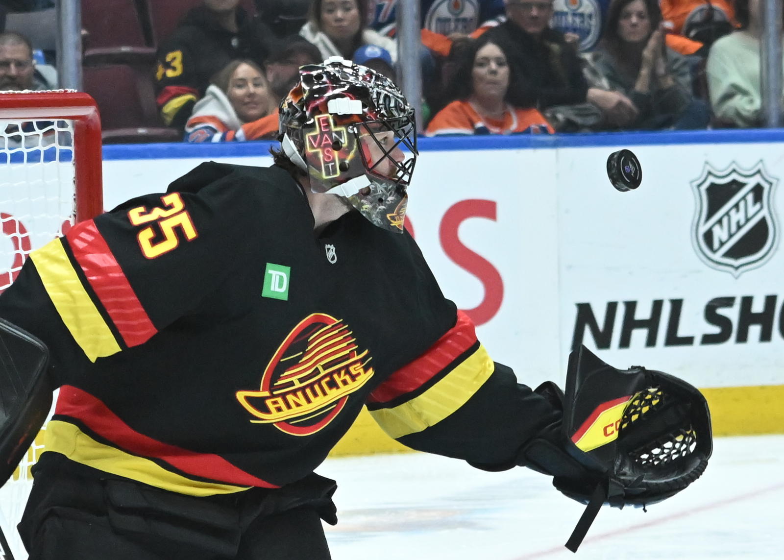 Oct 26, 2025; Vancouver, British Columbia, CAN; Vancouver Canucks goaltender Thatcher Demko (35) makes a save against Edmonton Oilers during the third period at Rogers Arena. Mandatory Credit: Simon Fearn-Imagn Images