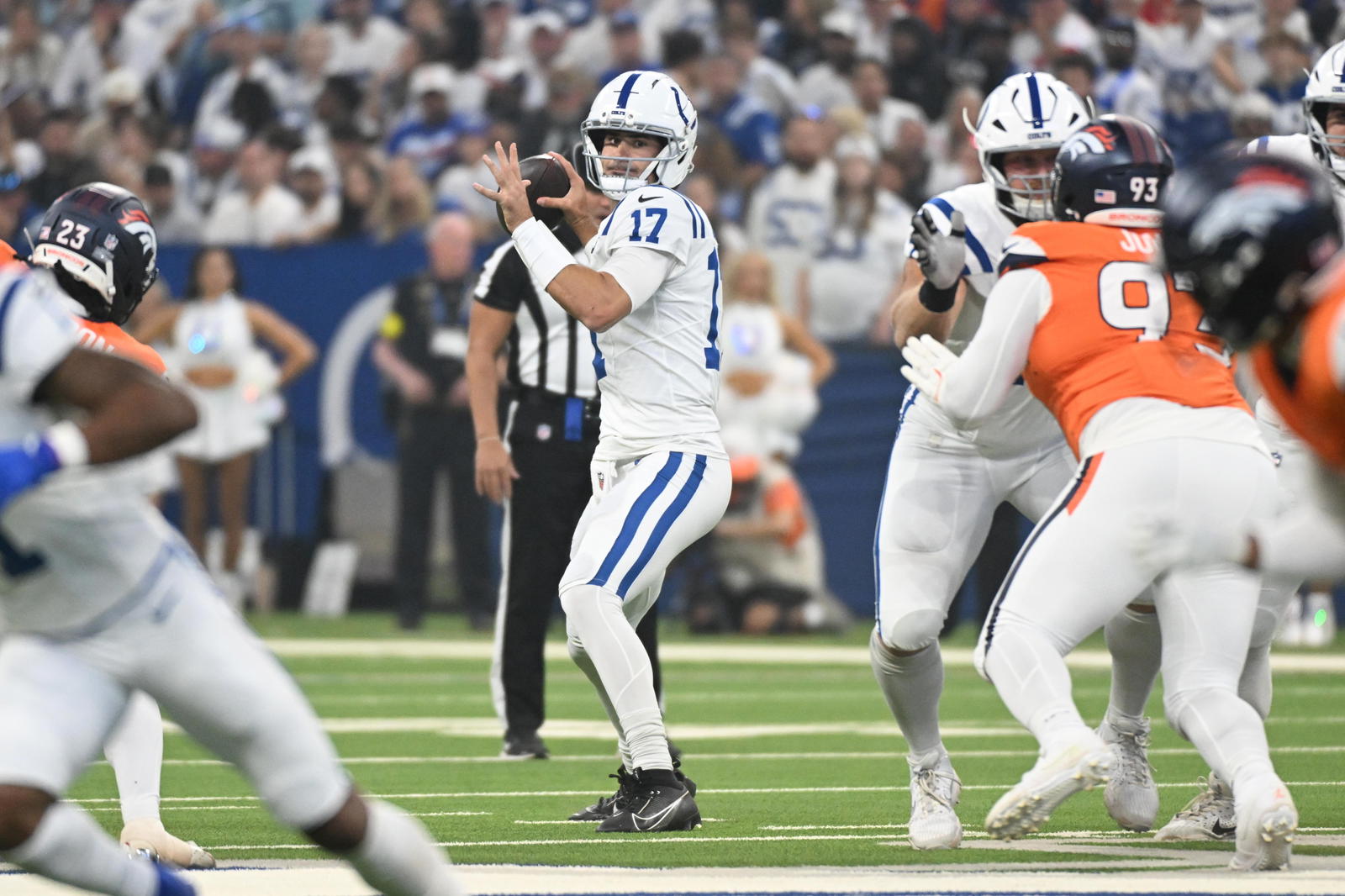 Sep 14, 2025; Indianapolis, Indiana, USA; Indianapolis Colts quarterback Daniel Jones (17) looks to pass the ball during the first quarter against the Denver Broncos at Lucas Oil Stadium. Mandatory Credit: Robert Goddin-Imagn Images