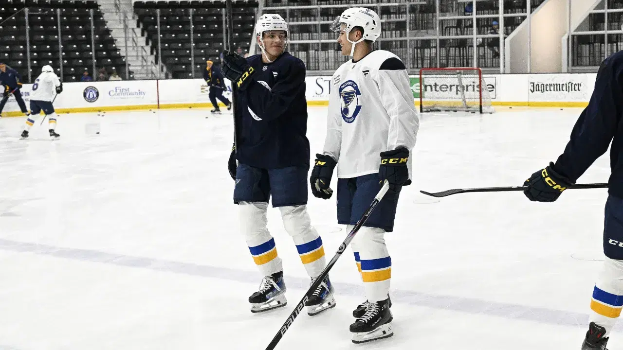 Blues prospect and 2023 third-round pick Juraj Pekarcik (left) met and took part in development camp last week with 2025 first-round pick Justin Carbonneau. (St. Louis Blues photo)
