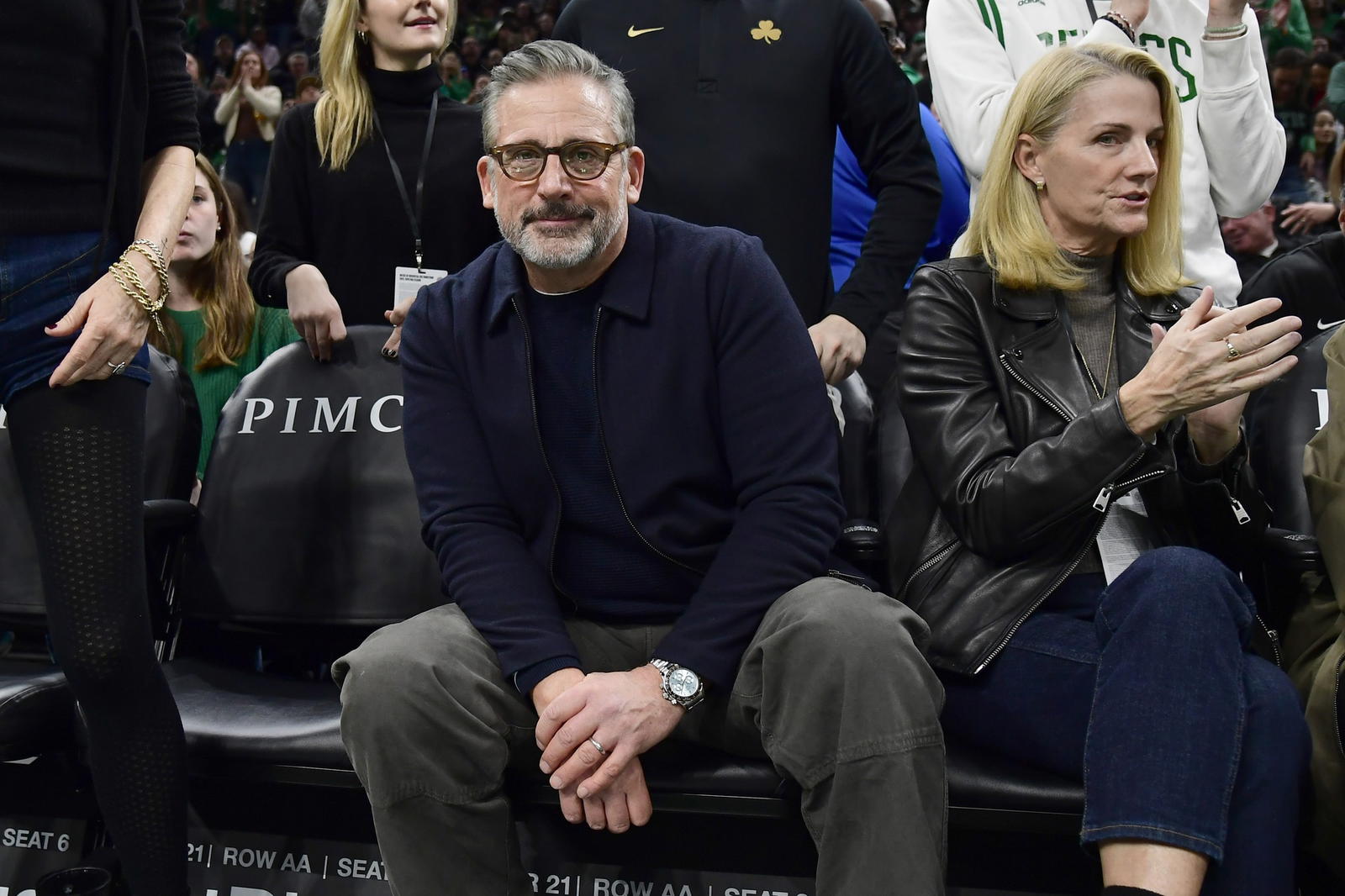 Nov 21, 2025; Boston, Massachusetts, USA; American Actor Steve Carell poses for a photo during the first half in a game between the Boston Celtics and Brooklyn Nets at TD Garden. (Bob DeChiara/Imagn Images)