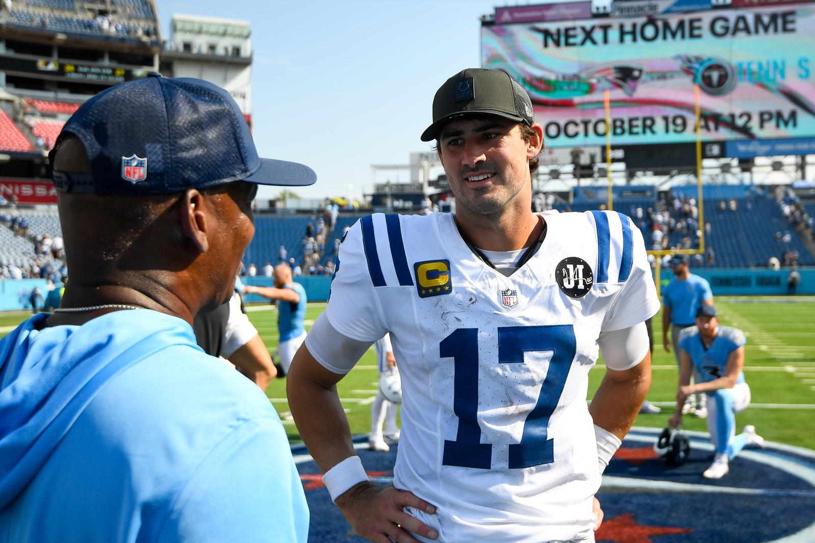 Sep 21, 2025; Nashville, Tennessee, USA; Indianapolis Colts quarterback Daniel Jones (17) during postgame against the Tennessee Titans at Nissan Stadium. Mandatory Credit: Steve Roberts-Imagn Images