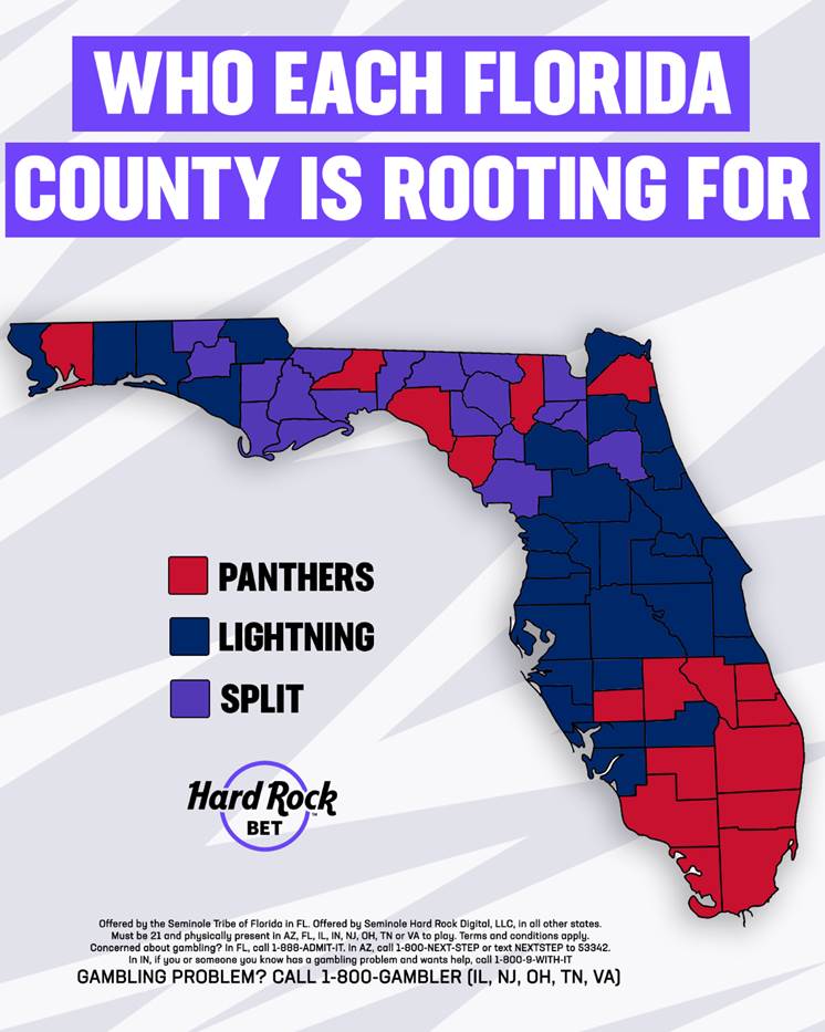 Statewide county splits for the Panthers-Lightning series based on bets. (Hard Rock Bet)