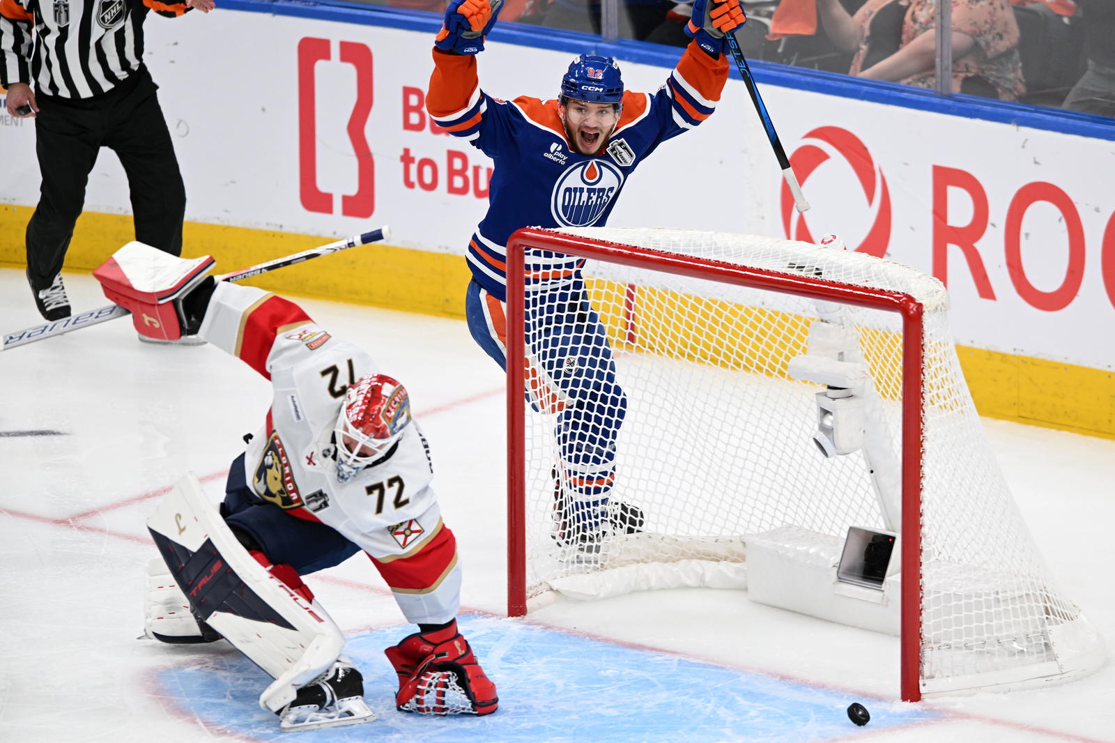 Jun 4, 2025; Edmonton, Alberta, CAN; Edmonton Oilers right wing Vasily Podkolzin (92) reacts after a goal against Florida Panthers goaltender Sergei Bobrovsky (72) during the second period in game one of the 2025 Stanley Cup Final at Rogers Place. Mandatory Credit: Walter Tychnowicz-Imagn Images