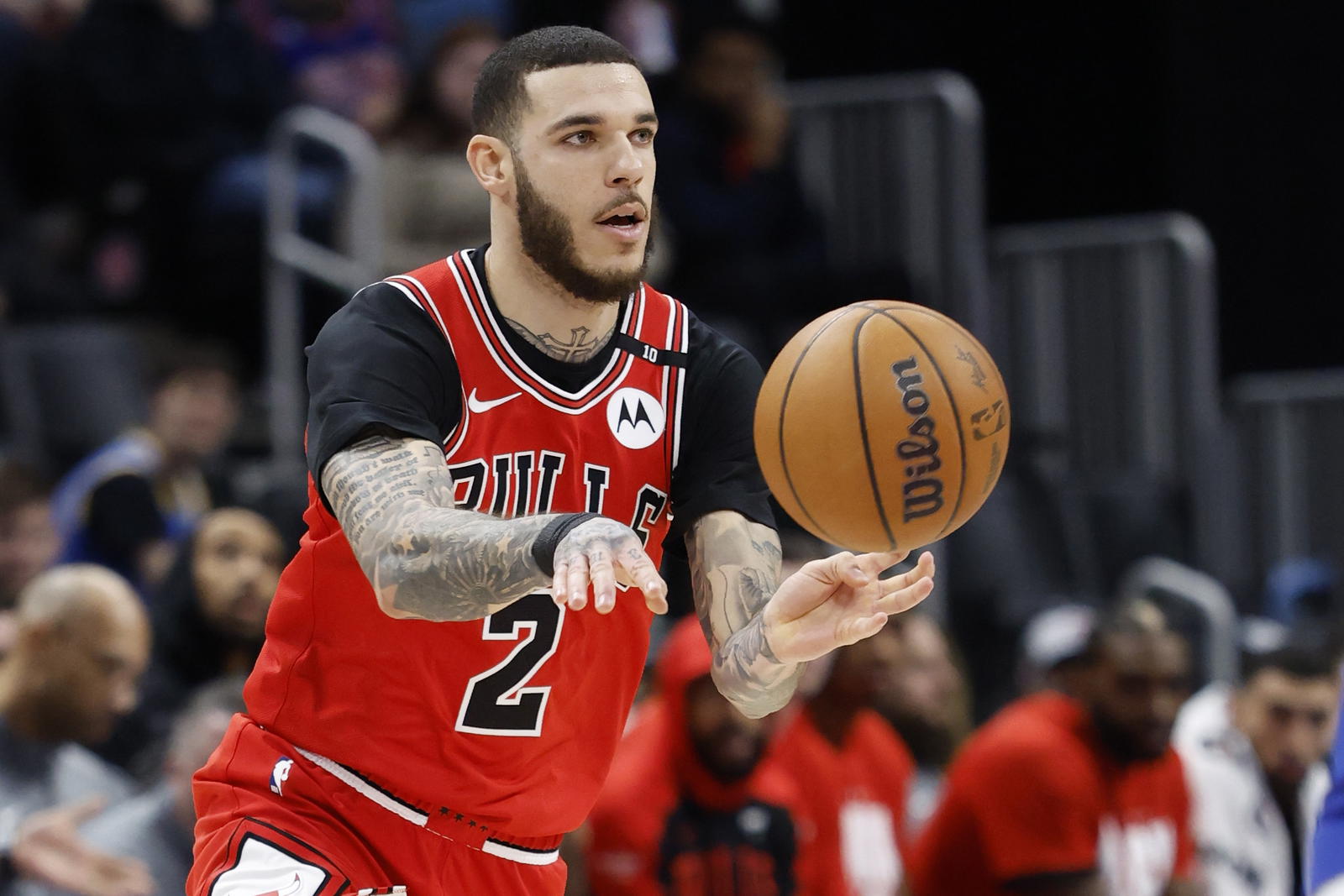 Feb 2, 2025; Detroit, Michigan, USA; Chicago Bulls guard Lonzo Ball (2) passes in the first half against the Detroit Pistons at Little Caesars Arena. Mandatory Credit: Rick Osentoski-Imagn Images