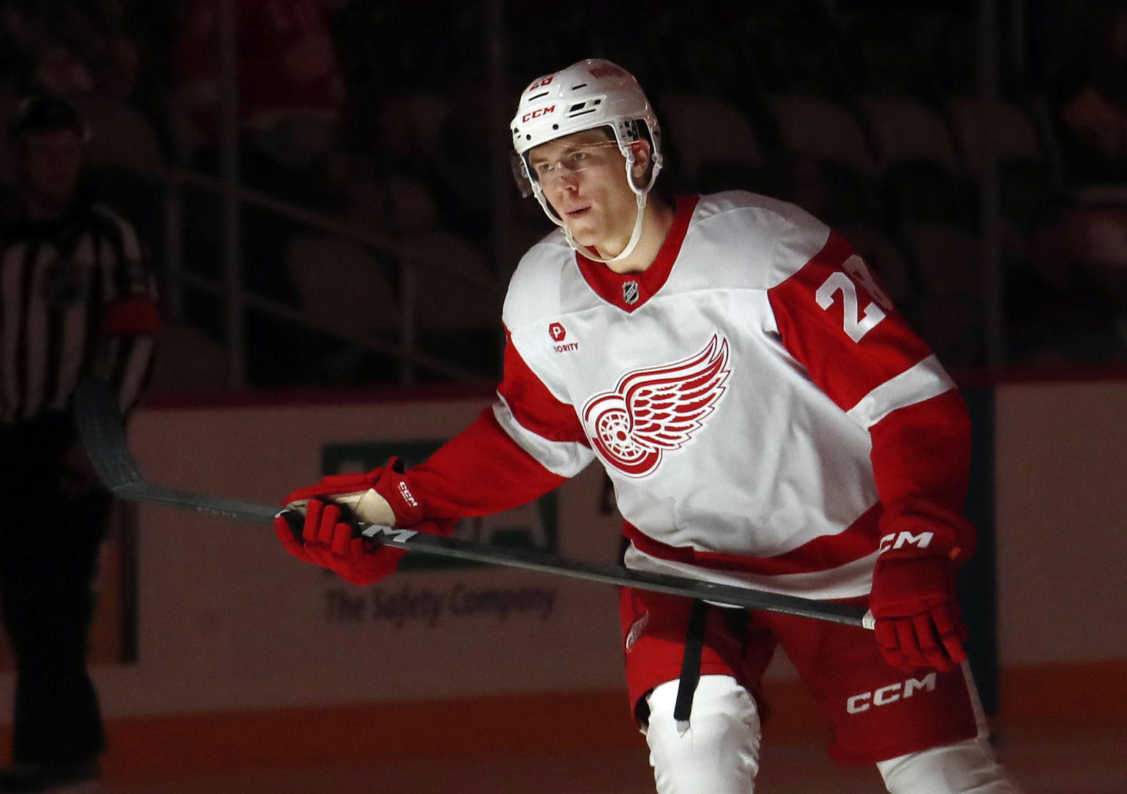 Oct 1, 2024; Pittsburgh, Pennsylvania, USA; Detroit Red Wings right wing Michael Brandsegg-Nygård (28) takes the ice against the Pittsburgh Penguins during the first period at PPG Paints Arena. (Charles LeClaire, Imagn Images)