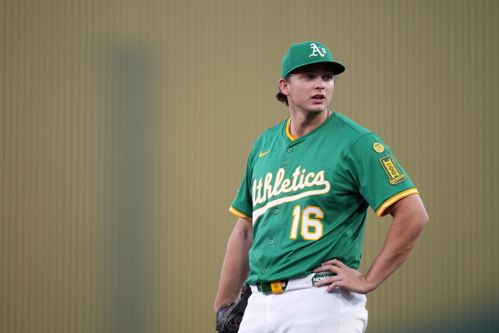 Aug 27, 2025; West Sacramento, California, USA; Athletics first baseman Nick Kurtz (16) stands on the field during a break in the action against the Detroit Tigers in the second inning at Sutter Health Park. (Cary Edmondson/Imagn Images)