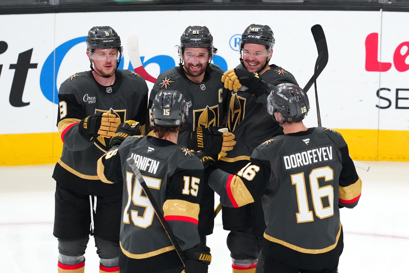 <i>Golden Knights right wing Mark Stone (61) celebrates with team mates after scoring a goal against New Jersey during the third period of an NHL game at T-Mobile Arena on March 2, 2025. <b>Photo Credit: Stephen R. Sylvanie-Imagn Images</b></i>