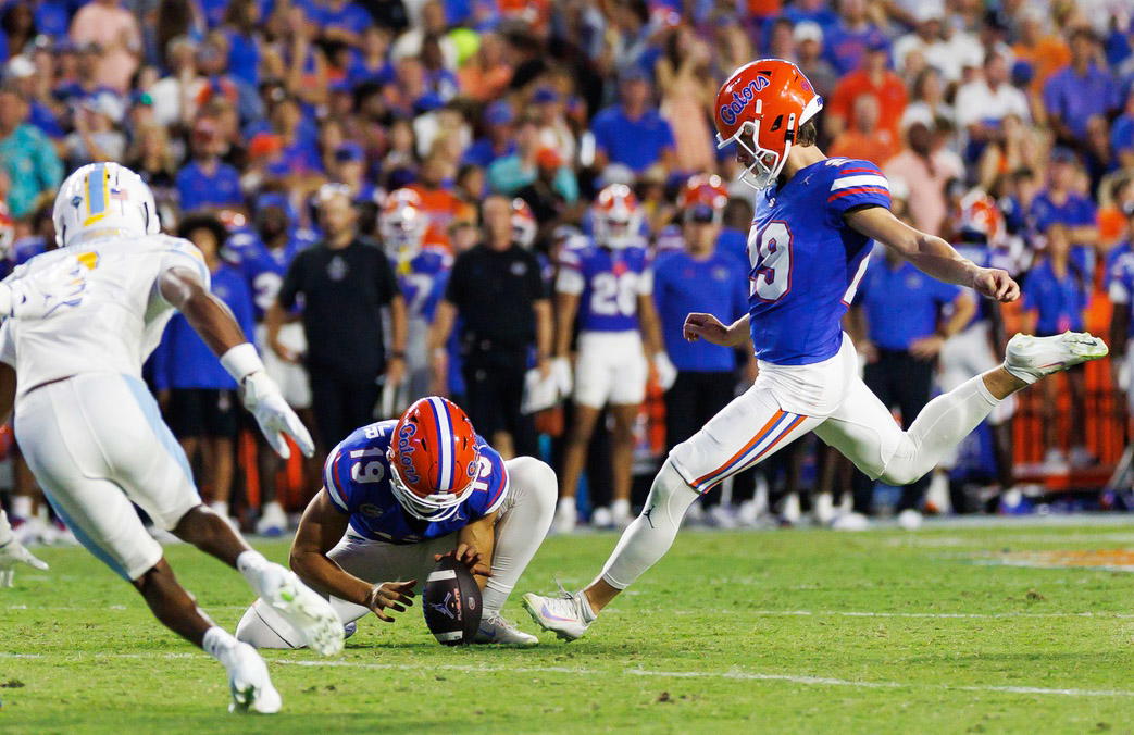 Gators placekicker Trey Smack, who missed only three field goal attempts all of last season, missed three in Saturday's season opener. © Matt Pendleton-Imagn Images