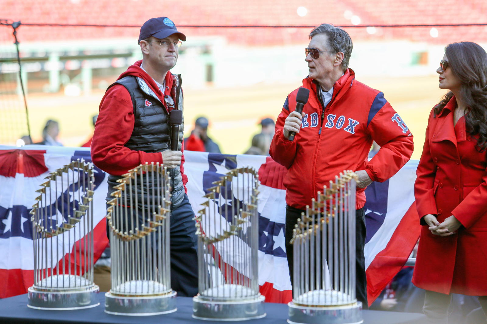 Oct 31, 2018; Boston, MA, USA; Boston Red Sox owner John Henry speaks before the World Series victory parade at Fenway Park. (Paul Rutherford/Imagn Images)