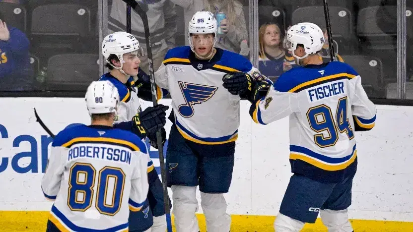 St. Louis Blues third-round pick Juraj Pekarcik (second from right) enjoyed great success for Moncton of the QMJHL last season, but the forward is turning pro for the 2025-26 season, most likely playing in Springfield of the AHL. (St. Louis Blues photo)