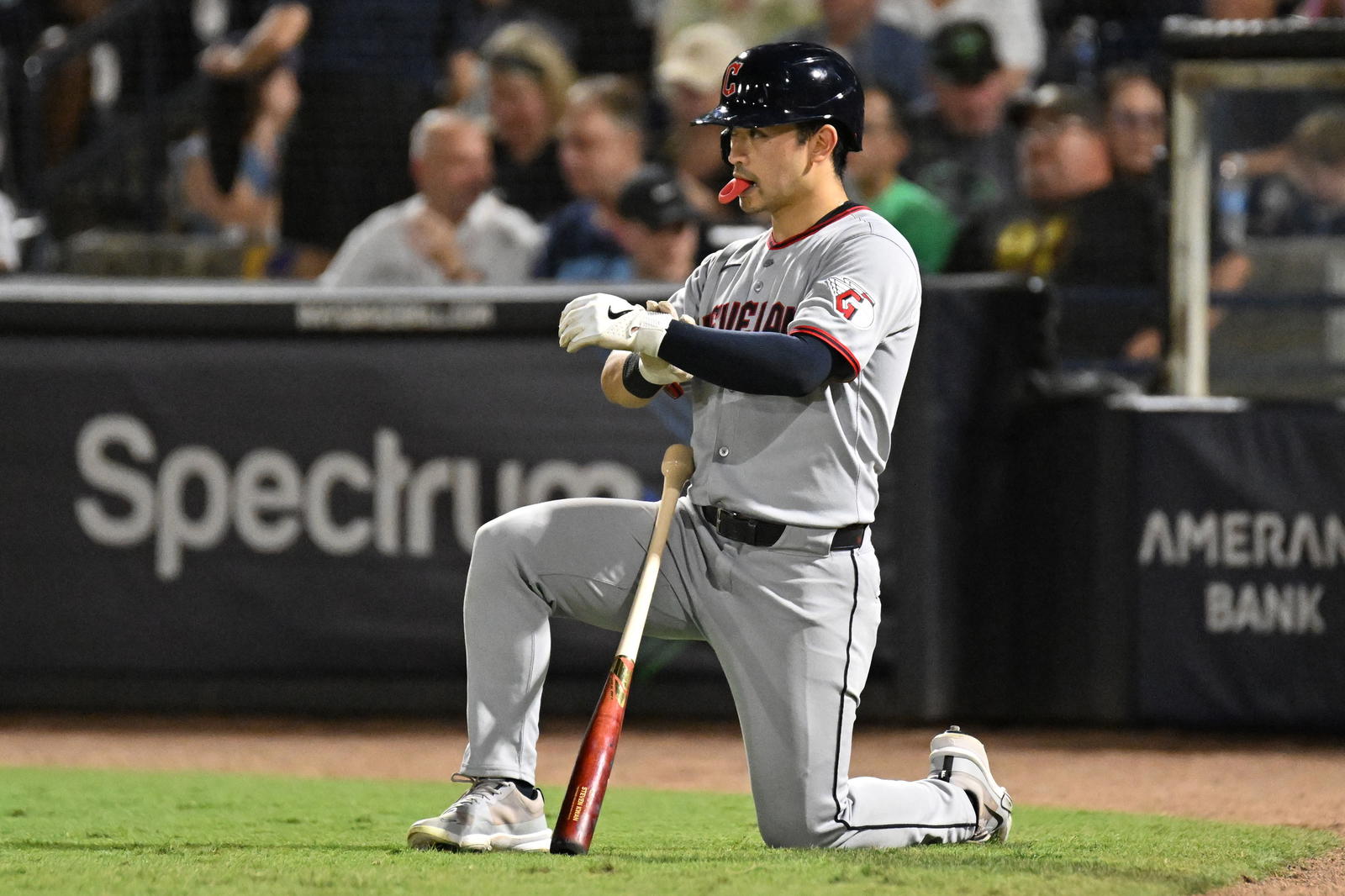 Sep 5, 2025; St. Petersburg, Florida, USA; Cleveland Guardians left fielder Steven Kwan (38) prepares to bat in the fourth inning against the Tampa Bay Rays at George M. Steinbrenner Field. Mandatory Credit: Jonathan Dyer-Imagn Images