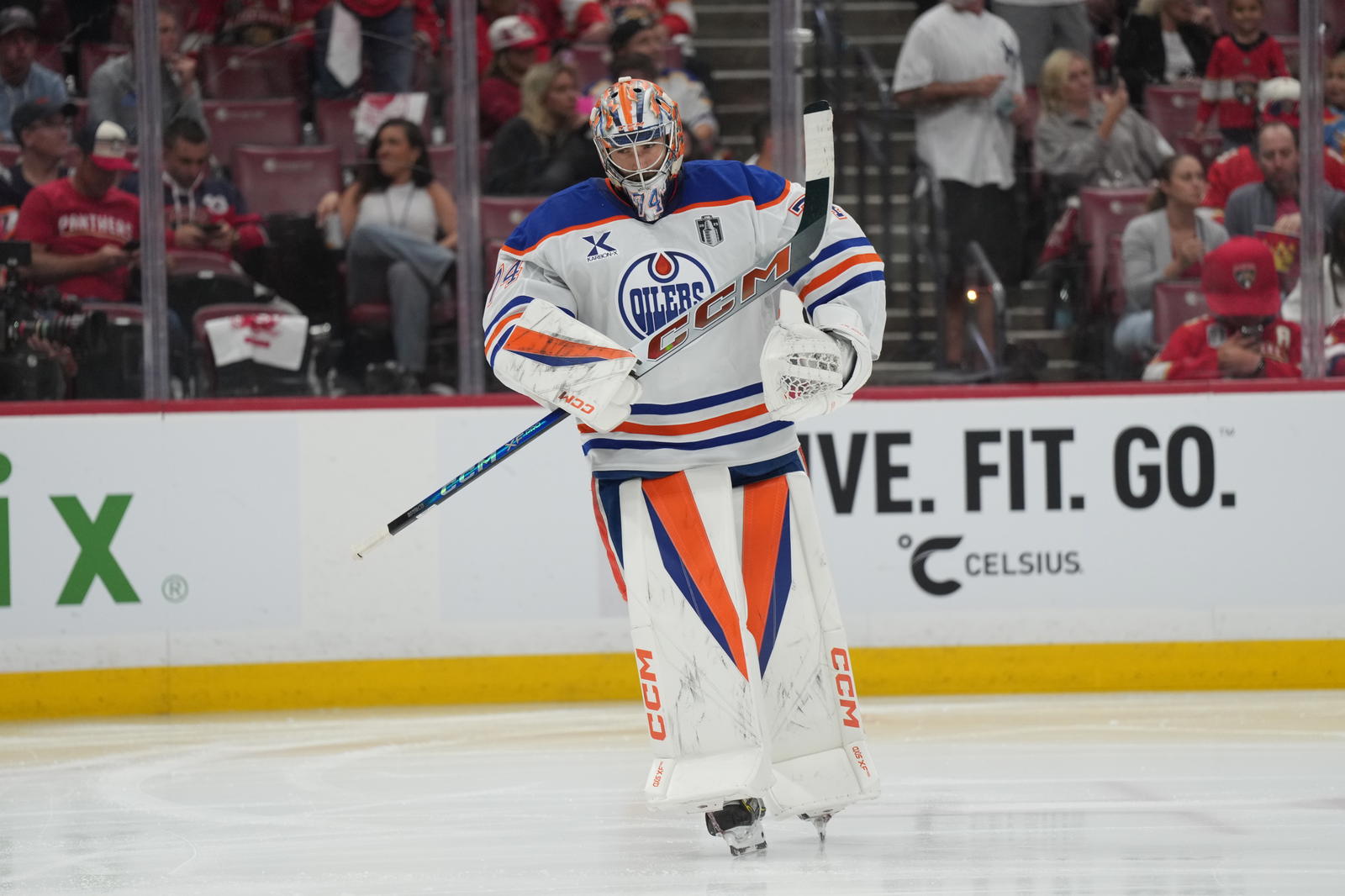 Jun 9, 2025; Sunrise, Florida, USA; Edmonton Oilers goaltender Stuart Skinner (74) awaits the start of play during the second period against the Florida Panthers in game three of the 2025 Stanley Cup Final at Amerant Bank Arena. Mandatory Credit: Jim Rassol-Imagn Images