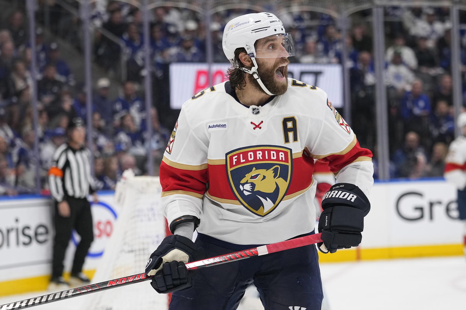 May 18, 2025; Toronto, Ontario, CAN; Florida Panthers defenseman Aaron Ekblad (5) calls out to teammates during the third period of game seven of the second round of the 2025 Stanley Cup Playoffs against the Toronto Maple Leafs at Scotiabank Arena. (John E. Sokolowski, Imagn Images)
