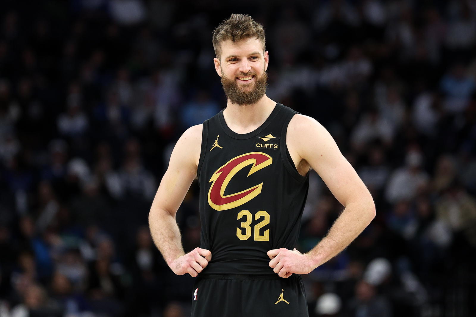 Jan 18, 2025; Minneapolis, Minnesota, USA; Cleveland Cavaliers forward Dean Wade (32) looks on during the fourth quarter against the Minnesota Timberwolves at Target Center. Mandatory Credit: Matt Krohn-Imagn Images