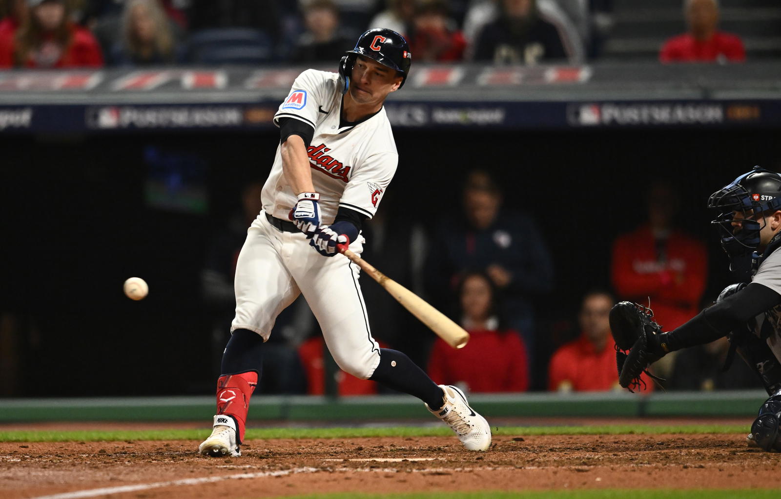 Oct 17, 2024; Cleveland, Ohio, USA; Cleveland Guardians outfielder Will Brennan (17) hits a double during the eighth inning against the New York Yankees in game 3 of the American League Championship Series at Progressive Field. Mandatory Credit: Ken Blaze-Imagn Images