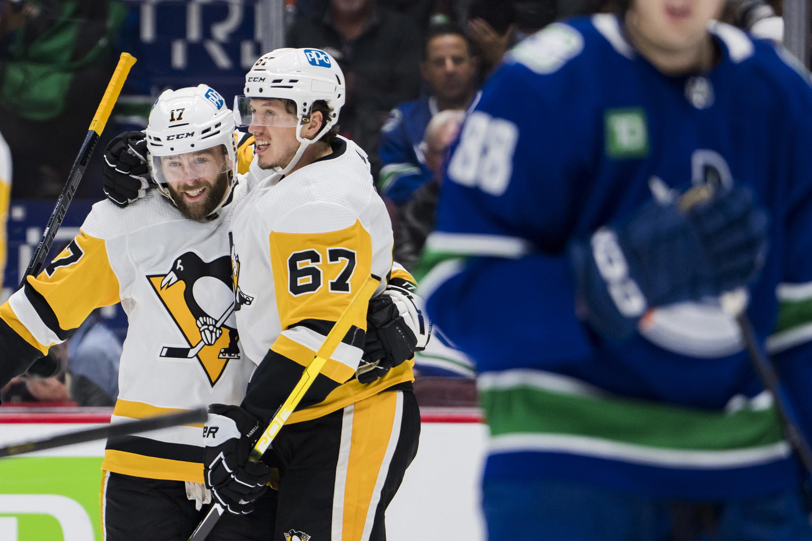 Oct 28, 2022; Vancouver, British Columbia, CAN; Pittsburgh Penguins forward Bryan Rust (17) and forward Rickard Rakell (67) celebrate Rakell s goal against the Vancouver Canucks in the second period at Rogers Arena. Mandatory Credit: Bob Frid-Imagn Images
