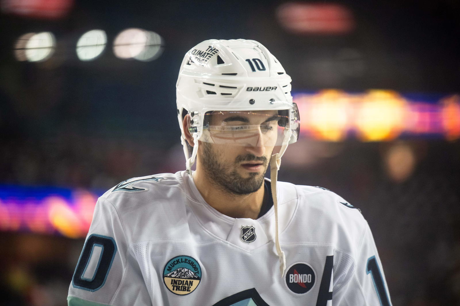 Seattle Kraken center Matty Beniers (10) warms up before a game against the Calgary Flames at Scotiabank Saddledome. Mandatory Credit: Brett Holmes-Imagn Images