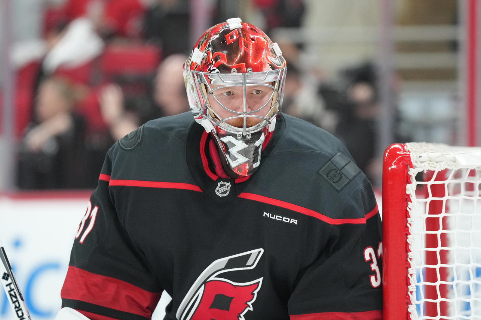 May 28, 2025; Raleigh, North Carolina, USA; Carolina Hurricanes goaltender Frederik Andersen (31) looks on during the second period against the Florida Panthers in game five of the Eastern Conference Final of the 2025 Stanley Cup Playoffs at Lenovo Center. Mandatory Credit: James Guillory-Imagn Images
