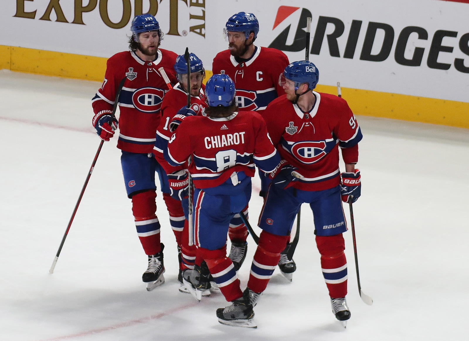 Jul 2, 2021; Montreal, Quebec, CAN; Montreal Canadiens right wing Corey Perry (94) celebrates with teammates after scoring against Tampa Bay Lightning goaltender Andrei Vasilevskiy (not pictured) during the third period in game three of the 2021 Stanley Cup Final at Bell Centre. Photo Credit: Jean-Yves Ahern-Imagn Images
