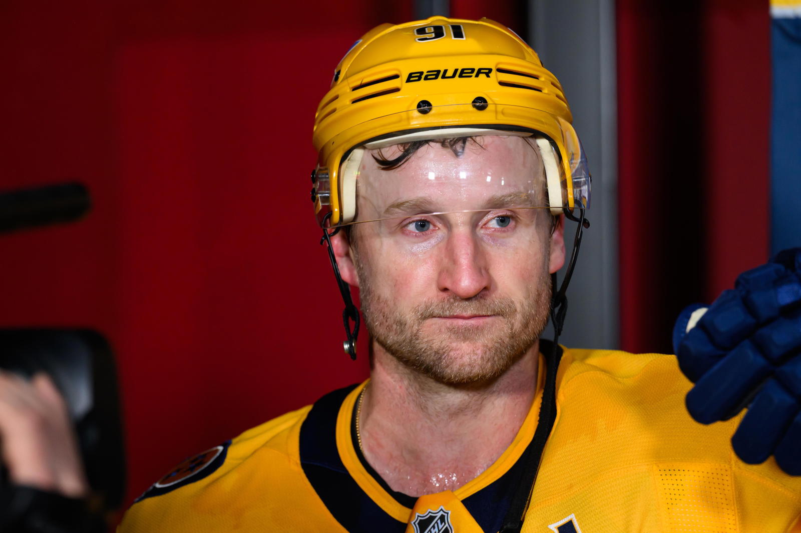 Nov 14, 2025; Stockholm, SWEDEN; Nashville Predators center Steven Stamkos (91) is interviewed after defeating the Pittsburgh Penguins in a Global Series ice hockey game at Avicii Arena. Mandatory Credit: Per Haljestam-Imagn Images