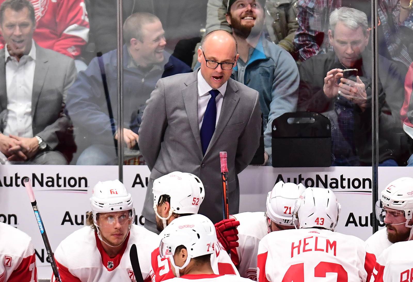 Mar 5, 2019; Denver, CO, USA; Detroit Red Wings head coach Jeff Blashill reacts during the second period against the Colorado Avalanche at the Pepsi Center. (Ron Chenoy, Imagn Images)