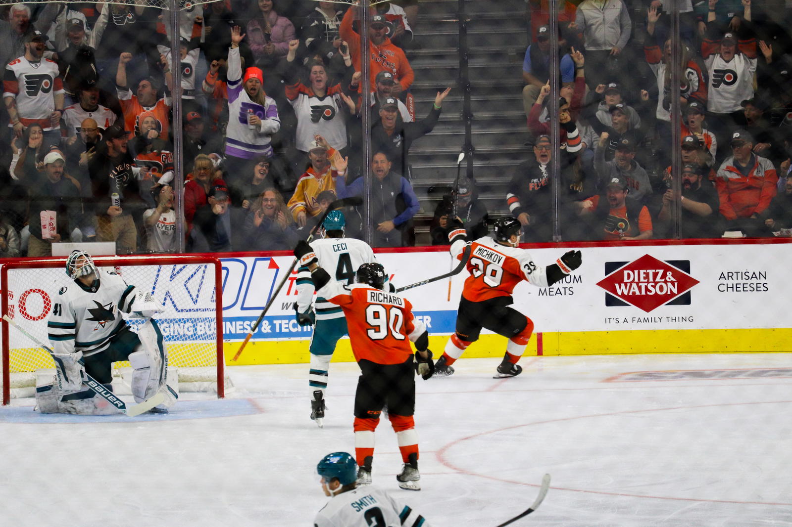 Philadelphia Flyers winger Matvei Michkov (39) celebrates scoring against the San Jose Sharks at the Wells Fargo Center on Nov. 11, 2024. (Megan DeRuchie-The Hockey News)