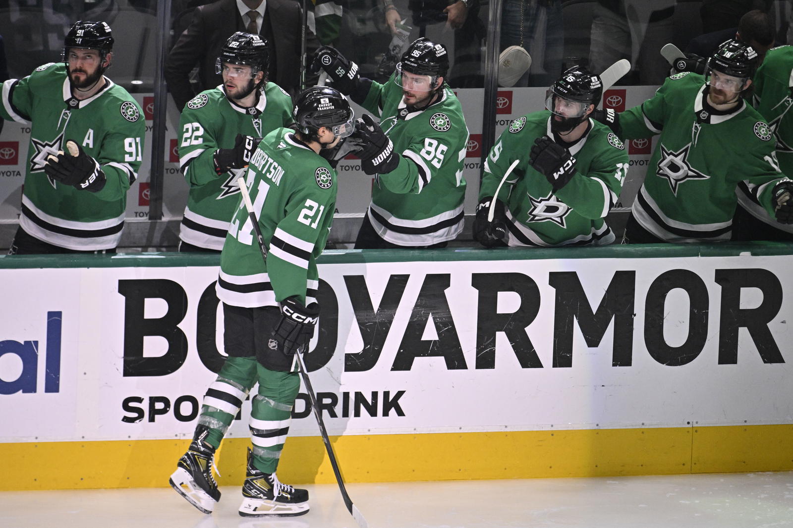 May 29, 2025; Dallas, Texas, USA; Dallas Stars left wing Jason Robertson (21) reacts after scoring a goal against the Edmonton Oilers during the third period in game five of the Western Conference Final of the 2025 Stanley Cup Playoffs at American Airlines Center. Mandatory Credit: Jerome Miron-Imagn Images