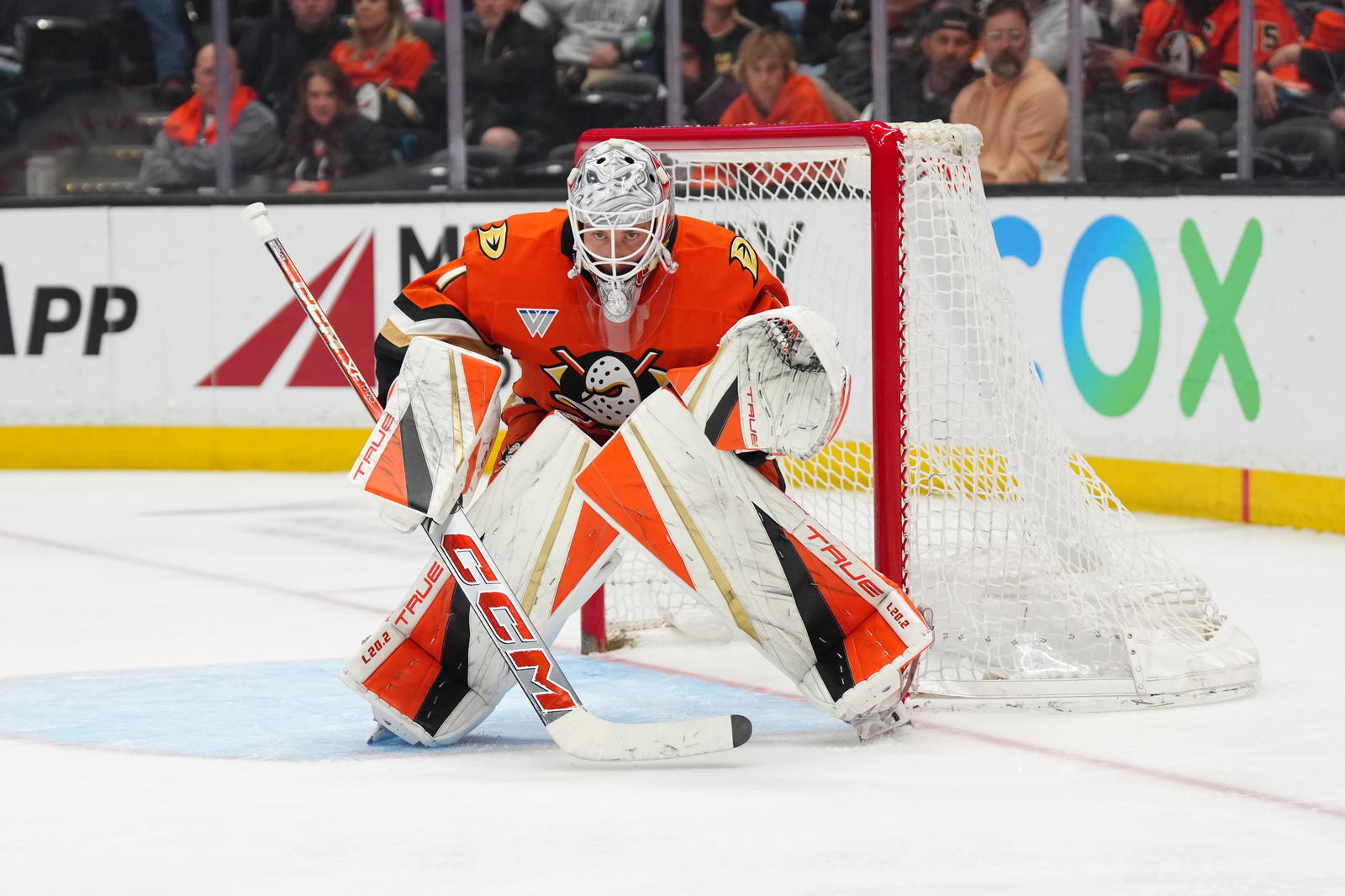 Apr 13, 2025; Anaheim, California, USA; Anaheim Ducks goaltender Lukas Dostal (1) defends the goal against the Colorado Avalanche in the third period at Honda Center. Mandatory Credit: Kirby Lee-Imagn Images