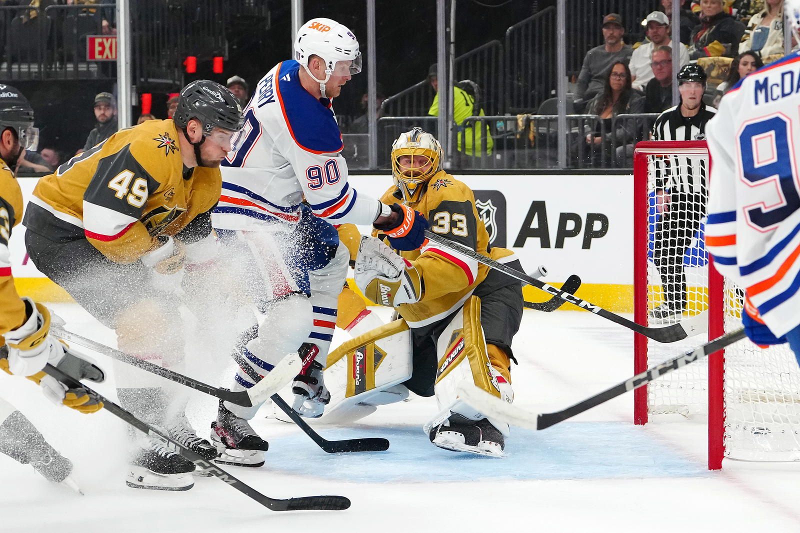 Edmonton Oilers right wing Corey Perry (90) scores a goal against Vegas Golden Knights goaltender Adin Hill (33) during the first period of game one of the second round of the 2025 Stanley Cup Playoffs at T-Mobile Arena. Mandatory Credit: Stephen R. Sylvanie-Imagn Images
